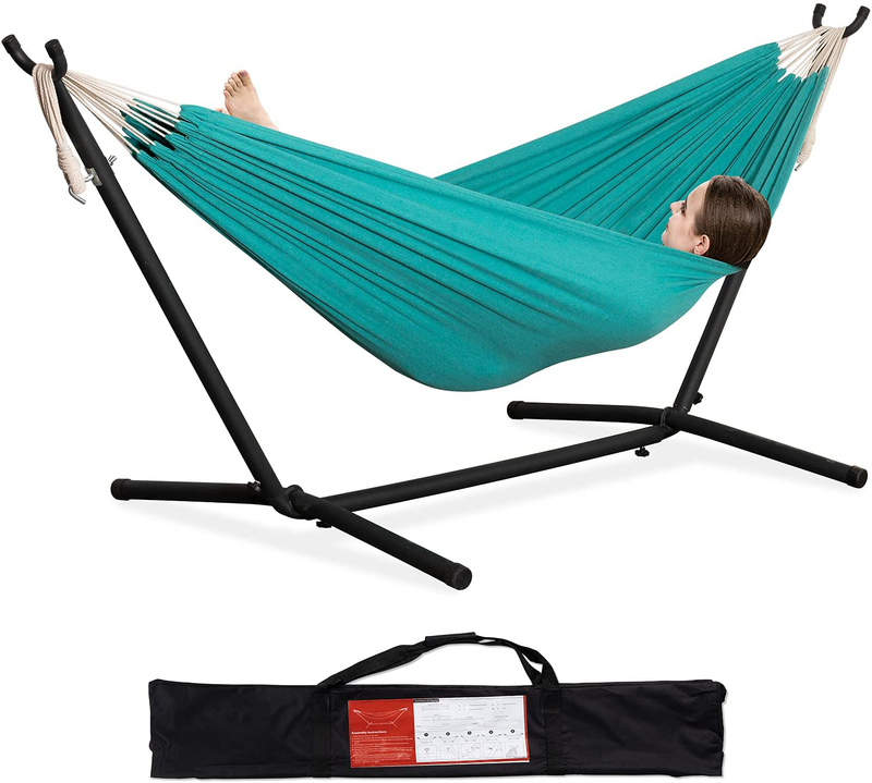 PNAEUT Double Hammock with Space Saving Steel Stand Included 2 Person Heavy Duty Outside Garden Yard Outdoor 450lb Capacity 2 People Standing Hammocks and Portable Carrying Bag (Coffee) Home & Garden > Lawn & Garden > Outdoor Living > Hammocks PNAEUT Aqua  