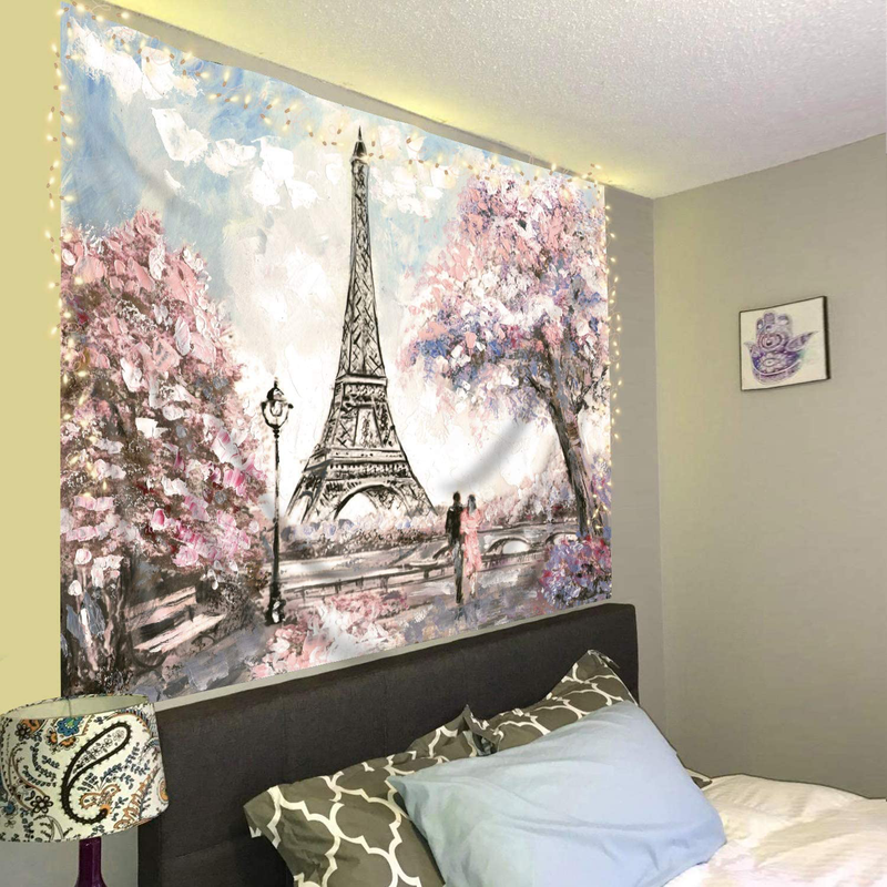 SVBright Oil Painting Paris Tapestry 59Hx78W Inch Eiffel Tower Pink Tress Love Couple European City France Art Wall Hanging Bedroom Living Room Dorm Decor Fabric Home & Garden > Decor > Artwork > Decorative Tapestries SVBright   