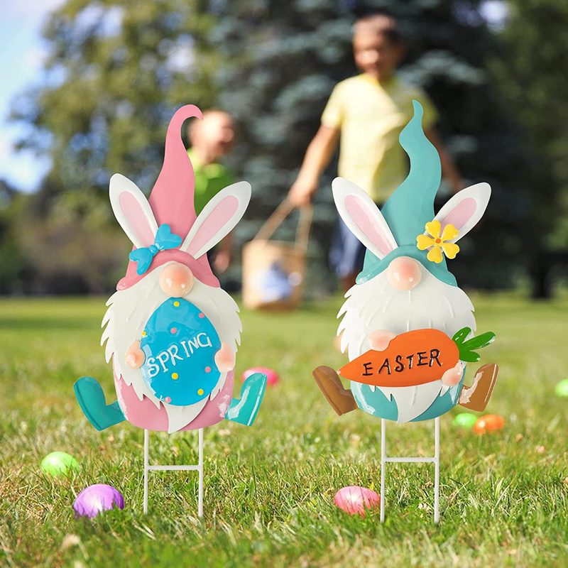 FUNPENY Set of 2 Metal Easter Gnomes Yard Signs Outdoor, 24.6 Inch Bunny Rabbits Stakes Easter Decorations for Garden, Lawn, Party, Easter Props Decor