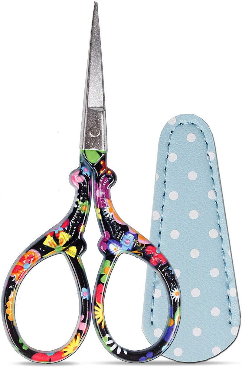 Hisuper Embroidery Scissors Set with Leather Sheaths for Sewing Crafting, Art Work, Threading, Needlework DIY Tools Dressmaker Small 3.6 inch Shears Cross Stitch Knitting Scissor Arts & Entertainment > Hobbies & Creative Arts > Arts & Crafts > Art & Crafting Tools > Craft Measuring & Marking Tools > Stitch Markers & Counters Hisuper Black Flower 3.6 inch 