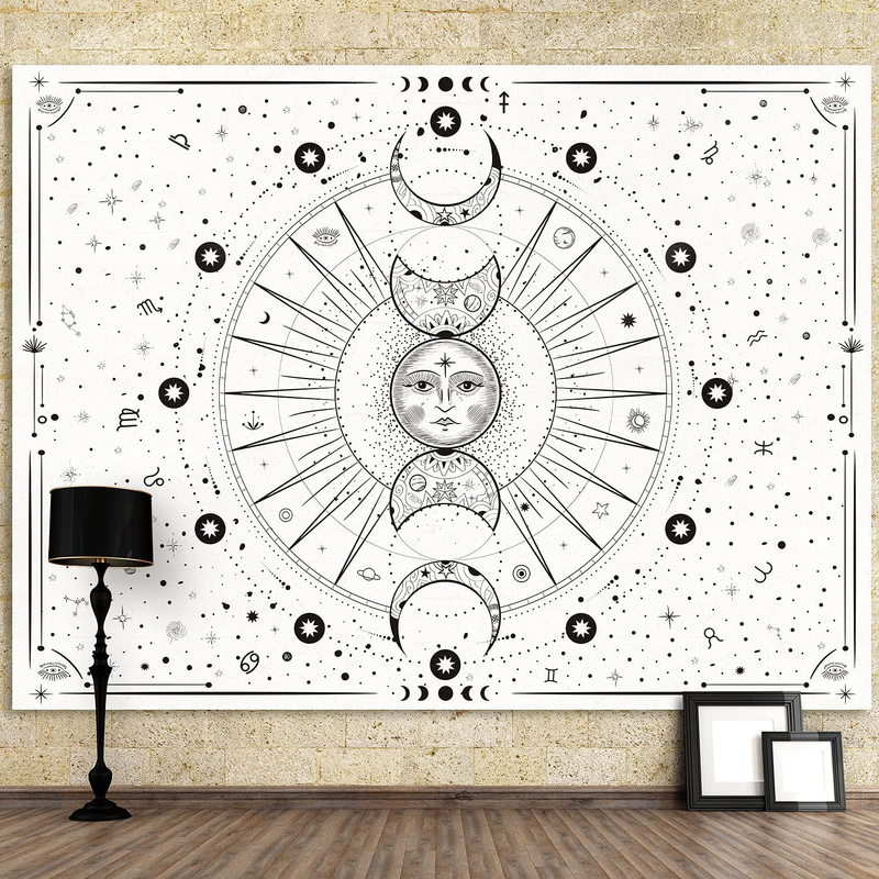 Sun Moon Tapestry Wall Hanging Stars Space Psychedelic Black and White Tapestries Wall Tapestry for Bedroom Aesthetic Home Wall Room Decor (Mysterious Black, 51.2x59.1 Inches, 130x150 cm) Home & Garden > Decor > Artwork > Decorative Tapestries Hihealer Bright White 60x80 Inches, 150x200 cm 