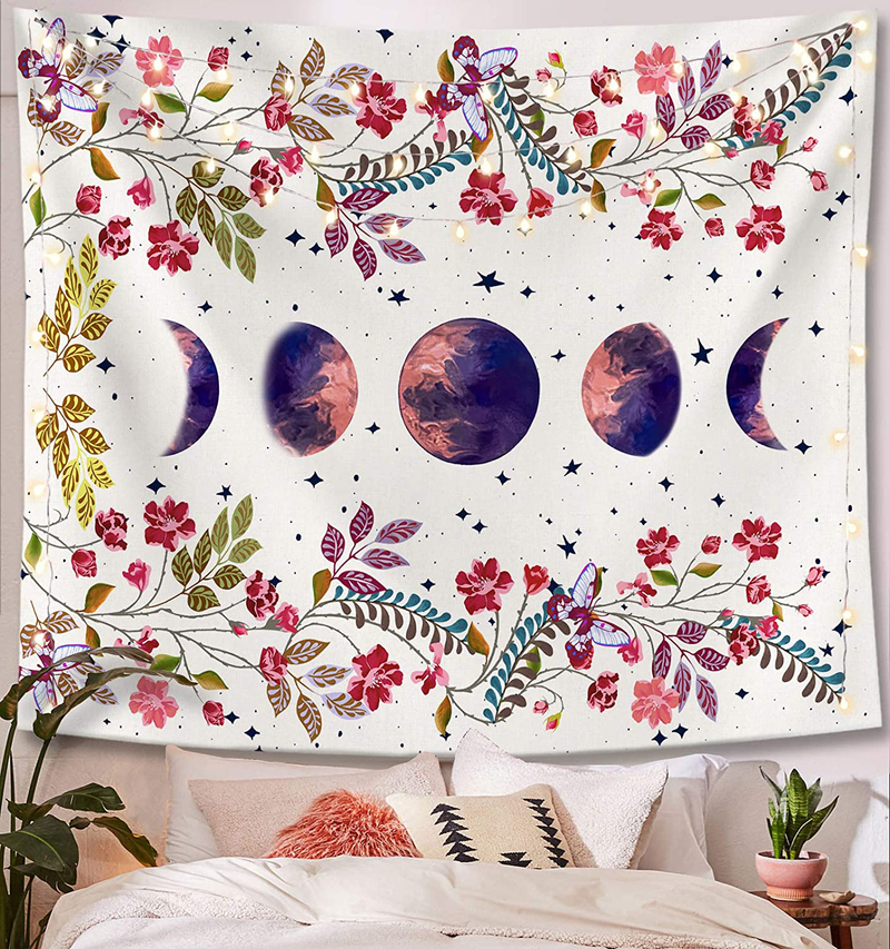 Lifeel Moonlit Garden Tapestry, Moon Phase Surrounded by Vines and Flowers Black Wall Decor Tapestry 36×48 inches Home & Garden > Decor > Artwork > Decorative Tapestries Lifeel White Large（60"×80"） 