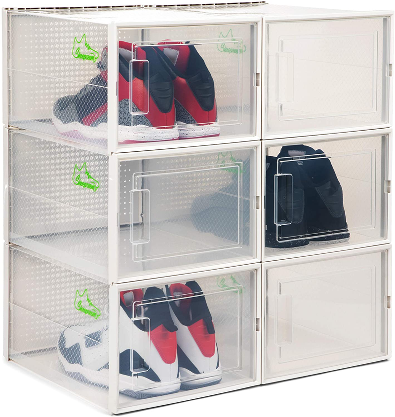 SHOEPREEM WHITE XL 6 Pack - 14.6 Inches Long for BIG Shoes & Sneakers, Shoe Storage Organizer, Shoe Storage Boxes, Shoe Box Clear Plastic Stackable, Shoe Containers, Shoe Organizer for Closet Furniture > Cabinets & Storage > Armoires & Wardrobes Shoepreem White, X-Large  