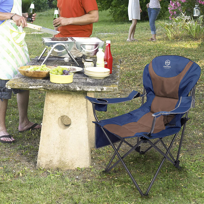 Coastrail Outdoor Reclining Camping Chair 3 Position Folding Lawn Chair for Adults Padded Comfort Camp Chair with Cup Holders, Head Bag and Side Pockets, Supports 350Lbs, Blue&Brown Sporting Goods > Outdoor Recreation > Camping & Hiking > Camp Furniture Coastrail Outdoor   