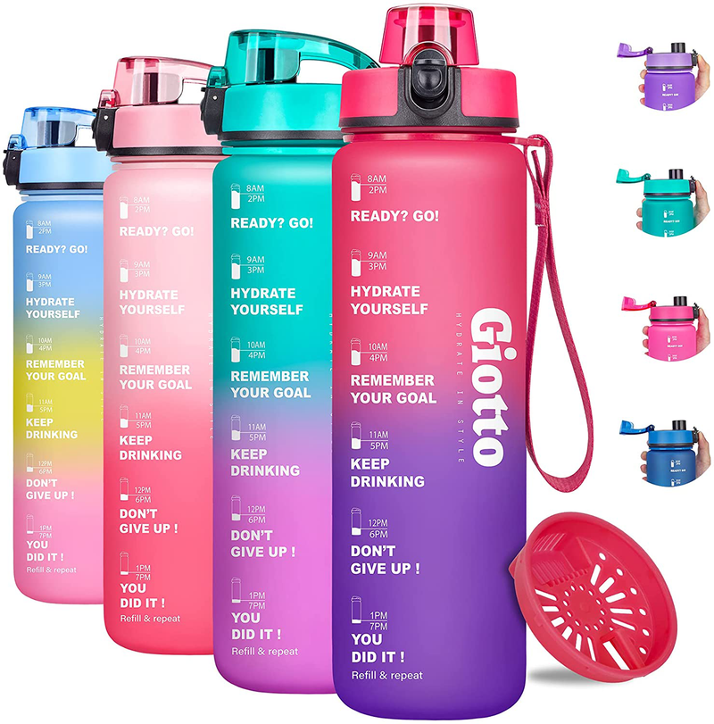 Giotto 32oz Motivational Water Bottle with Times & Removable Strainer to drink, Resuable Leakproof BPA Free Sports Water Jug to Remind You Drink More Water Sporting Goods > Outdoor Recreation > Winter Sports & Activities Giotto A2.Wine Red/Violet Gradient 32OZ 
