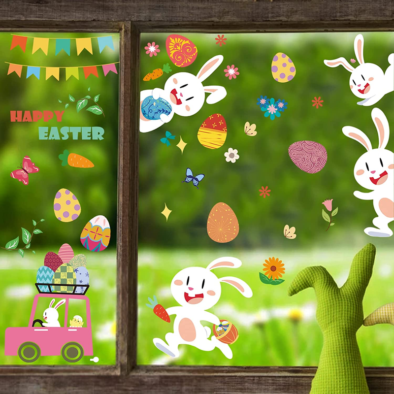 Gonlei 211 PCS Easter Bunny Window Cling Decorations , Easter Window Stickers Large Size , 9 Sheet Easter Eggs Hunt Games Decals ,For Easter Day School Home Party Ornaments