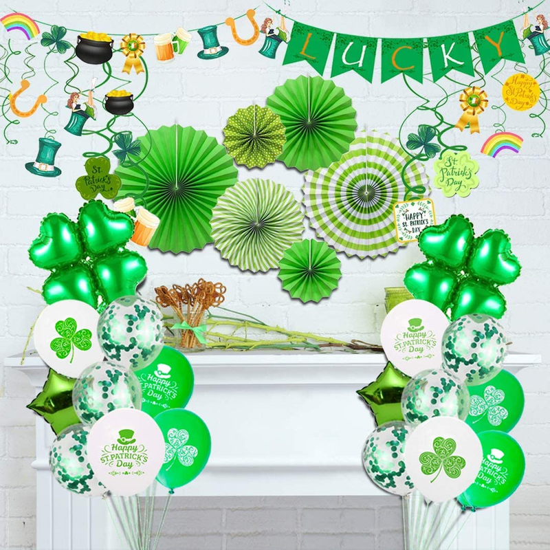 St Patricks Day Decorations, 92 Pcs St Patricks Day Accessories for Irish Party Supplies - Including Hanging Swirl, Paper Fan, Luck Banner, Photo Booth Props, Confetti and Balloon