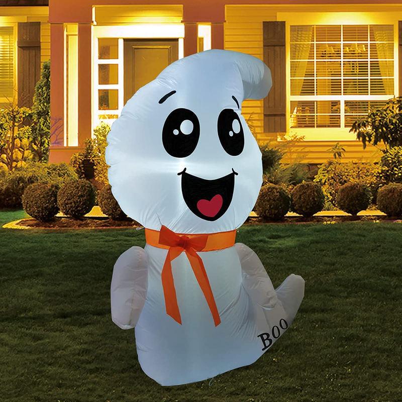 GOOSH 4 FT Halloween Inflatable Outdoor White Cute Ghost, Blow Up Yard Decoration Clearance with LED Lights Built-in for Holiday/Party/Yard/Garden