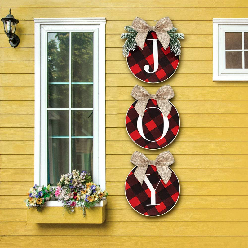 ORIENTAL CHERRY Christmas Decorations - Joy Sign - Buffalo Check Plaid Wreath for Front Door - Rustic Burlap Wooden Holiday Decor for Home Window Wall Farmhouse Indoor Outdoor