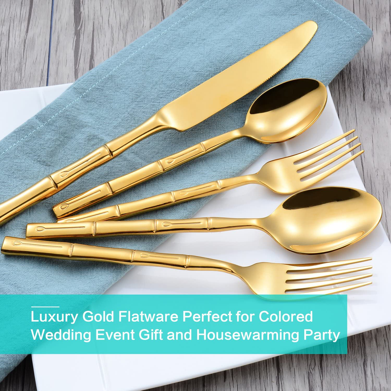 Flatasy Flatware Set Gold Silverware Set with Bamboo Pattern Mirror Polished 20 Pieces Cutlery Set Housewarming Wedding Gift Service for 4