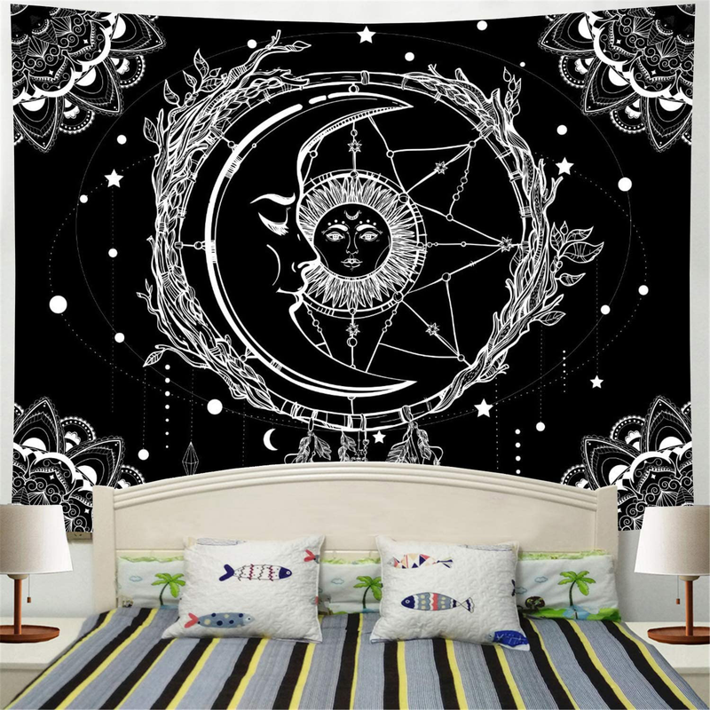 Moon and Sun Tapestry Psychedelic Bohemian Mandala Wall Tapestry Black and White Indian Hippy Celestial Tapestry Starry Dreamcatcher Tapestry Wall Hanging for Bedroom Living Room Dorm(W59.1" × H51.2") Home & Garden > Decor > Artwork > Decorative Tapestries Racunbula   