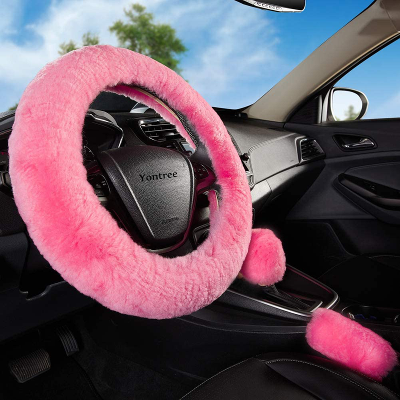 Yontree Fashion Fluffy Steering Wheel Covers for Women/Girls/Ladies Australia Pure Wool 15 Inch 1 Set 3 Pcs (Black)