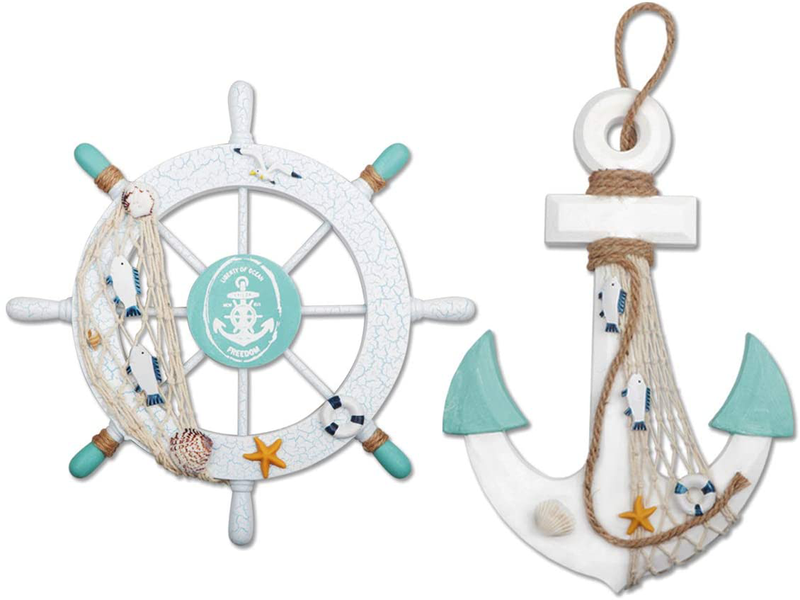 Meching Nautical Decor 2 Pack 13" Wooden Ship Wheel and Wood Anchor with Rope Nautical Boat Steering Rudder Wall Decor Door Hanging Ornament Home & Garden > Decor > Artwork > Sculptures & Statues Meching 5  
