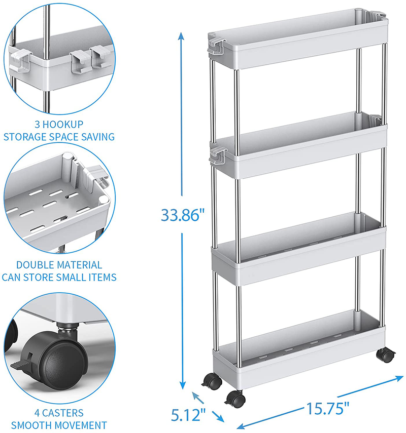 SPACEKEEPER Storage Cart 4 Tier Slim Mobile Shelving Unit Organizer Slide Out Storage Rolling Utility Cart Tower Rack for Kitchen Bathroom Laundry Narrow Places, Plastic & Stainless Steel, Gray Home & Garden > Household Supplies > Storage & Organization SPACEKEEPER   