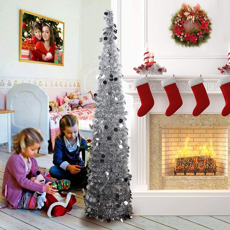 PartyTalk 5ft Pop Up Christmas Tree with Stand, Silver Tinsel Collapsible Artificial Christmas Tree for Holiday Christmas Home Decorations Home & Garden > Decor > Seasonal & Holiday Decorations > Christmas Tree Stands PartyTalk Default Title  