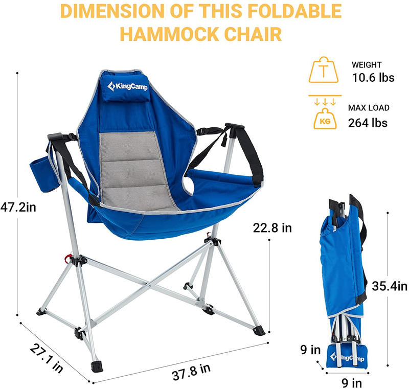 Kingcamp Camping Chair Folding Aluminum Alloy Foldable Hammock Chair Rocking Chair Swing Recliner with Pillow for Travel Lawn Beach Picnic - Blue Sporting Goods > Outdoor Recreation > Camping & Hiking > Camp Furniture KingCamp   