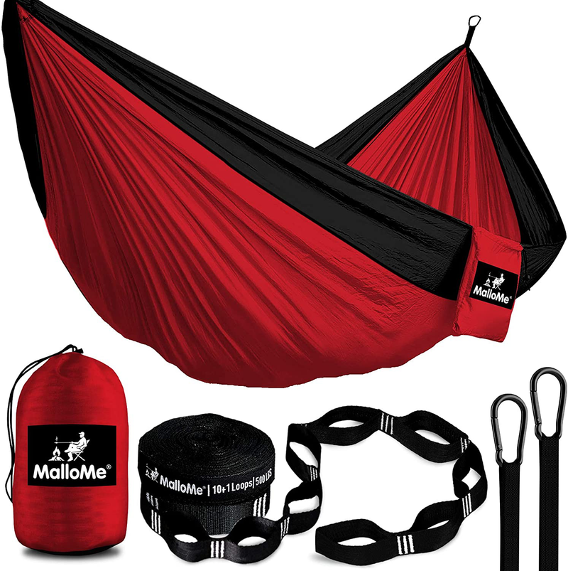 MalloMe Double & Single Portable Camping Hammock - Parachute Lightweight Nylon with Hammok Tree Straps Set- 2 Person Equipment Kids Accessories Max 1000 lbs Breaking Capacity - Free 2 Carabiners Home & Garden > Lawn & Garden > Outdoor Living > Hammocks MalloMe Red / Black Small 