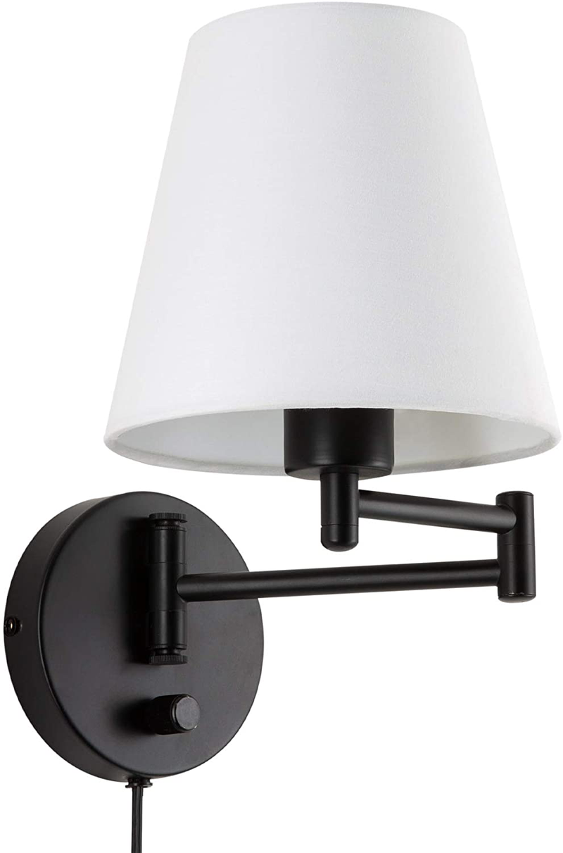 CO-Z Modern Swing Arm Wall Mount Light Plug In, Corded Wall Lamps with White Fabric Shade, Black Metal Adjustable Wall Sconce, Wall Mount Lamp for Bedroom, Living Room, Bedside