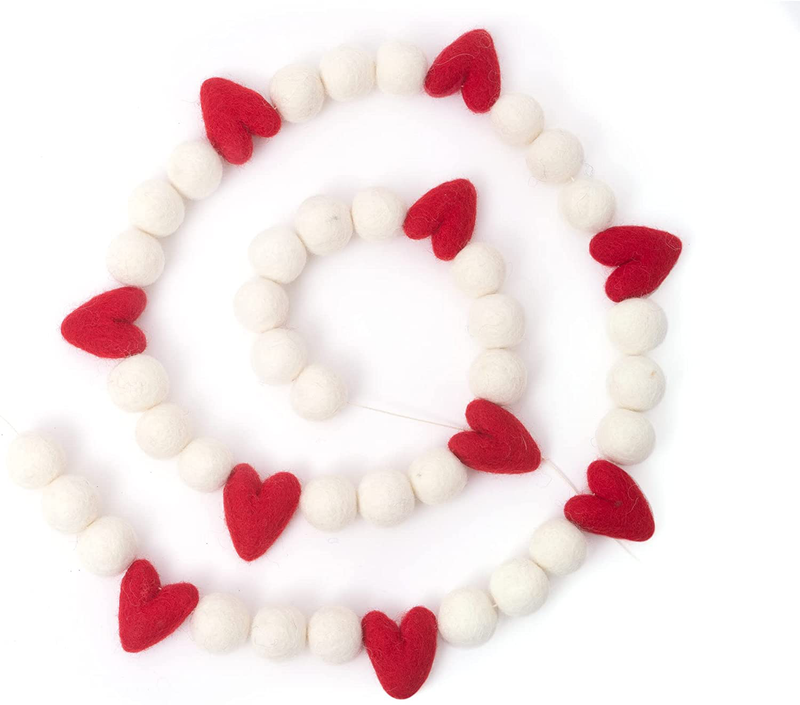 Glaciart One Valentine Felt Ball Garland with Swirl Balls - Handmade in Nepal Using New Zealand Wool - Reusable, Durable, Stylish & Versatile - Easy to Hang & Maintain – 7Ft, 8 Hearts, 27 Balls Home & Garden > Decor > Seasonal & Holiday Decorations Glaciart One White & Red  