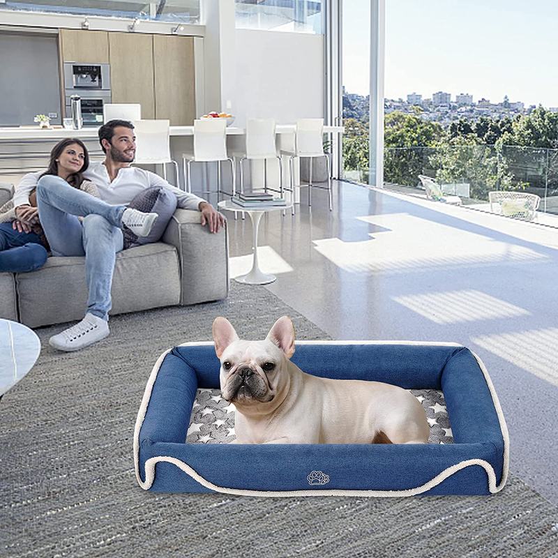 EMPSIGN Bolster 2-In-1 Dog Bed, Pet Bed with Reversible Inner Pad (Warm & Cool), Washable Bed Water Repellent Removable Covers, Waterproof Non-Skid Bottom & High Density Foam, Blue & Grey, Star Print