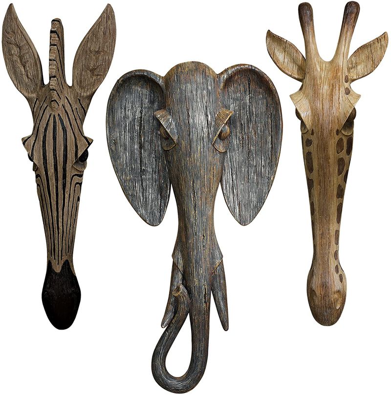 Design Toscano QS99181 Animal Masks of the Savannah, Giraffe Zebra and Elephant Wall Sculptures Exotic African Decor, 16 Inch, Set of Three, Full Color, 3 Count