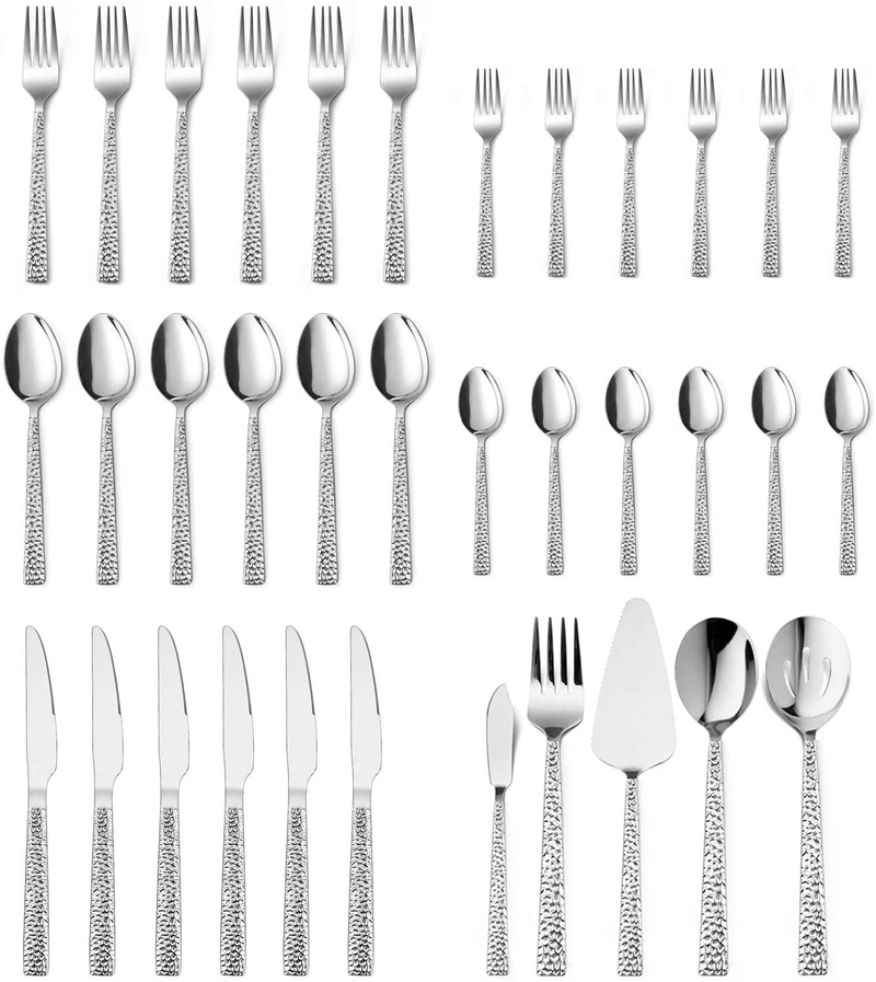 E-far 65-Piece Silverware Set with Serving Pieces, Stainless Steel Hammered Flatware Eating Utensils Service for 12, Modern Tableware Cutlery Set with Square Edge, Mirror Polished, Dishwasher Safe Home & Garden > Kitchen & Dining > Tableware > Flatware > Flatware Sets E-far 35-Piece  