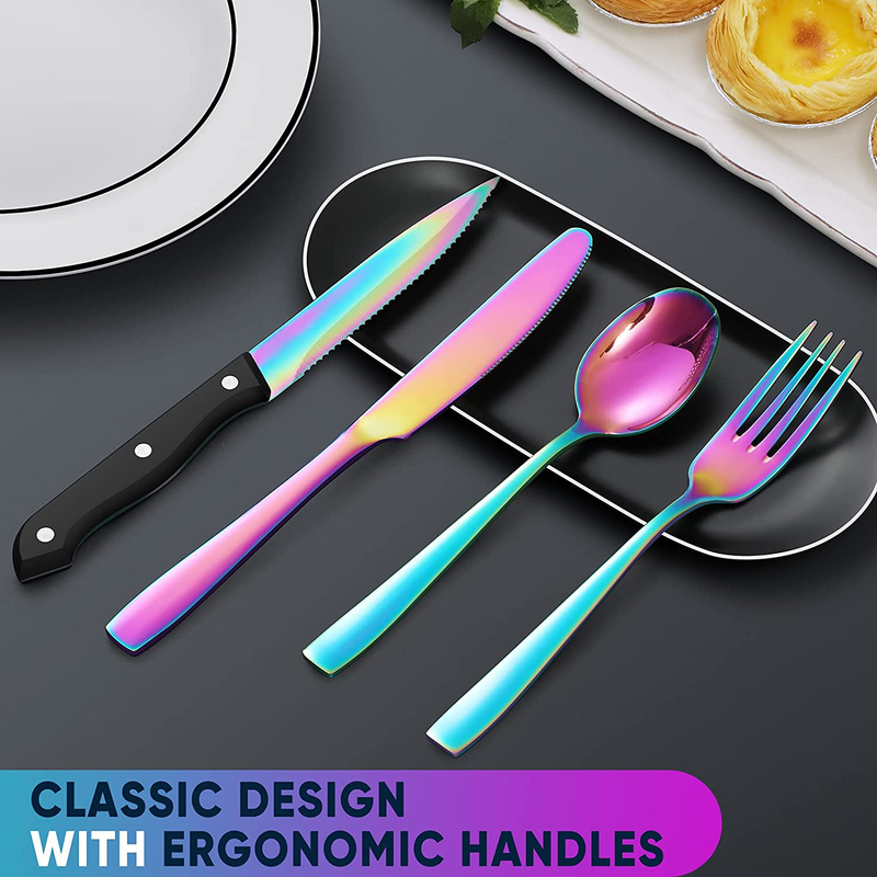 Hiware 24 Pieces Rainbow Silverware Set with Steak Knives for 4, Stainless Steel Flatware Cutlery Set For Home Kitchen Restaurant, Dishwasher Safe