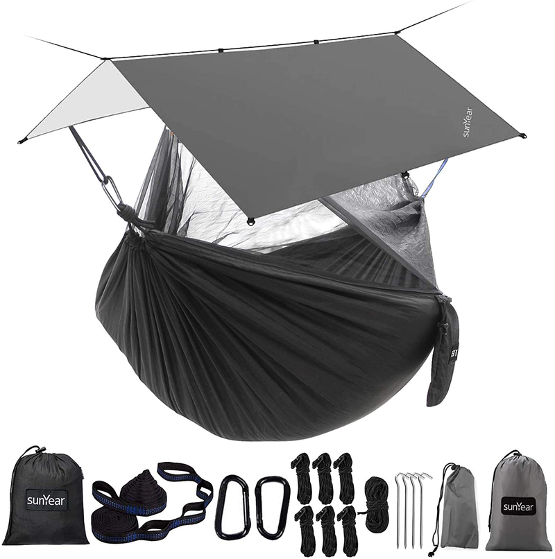 Sunyear Hammock Camping with Net/Netting, Portable Camping Hammock Double Tree Hammock Outdoor Indoor Backpacking Travel & Survival, 2 Tree Straps (16+1 Loops Each, 20Ft Total) Sporting Goods > Outdoor Recreation > Camping & Hiking > Mosquito Nets & Insect Screens Sunyear Black Bundle 55"W*106"L 