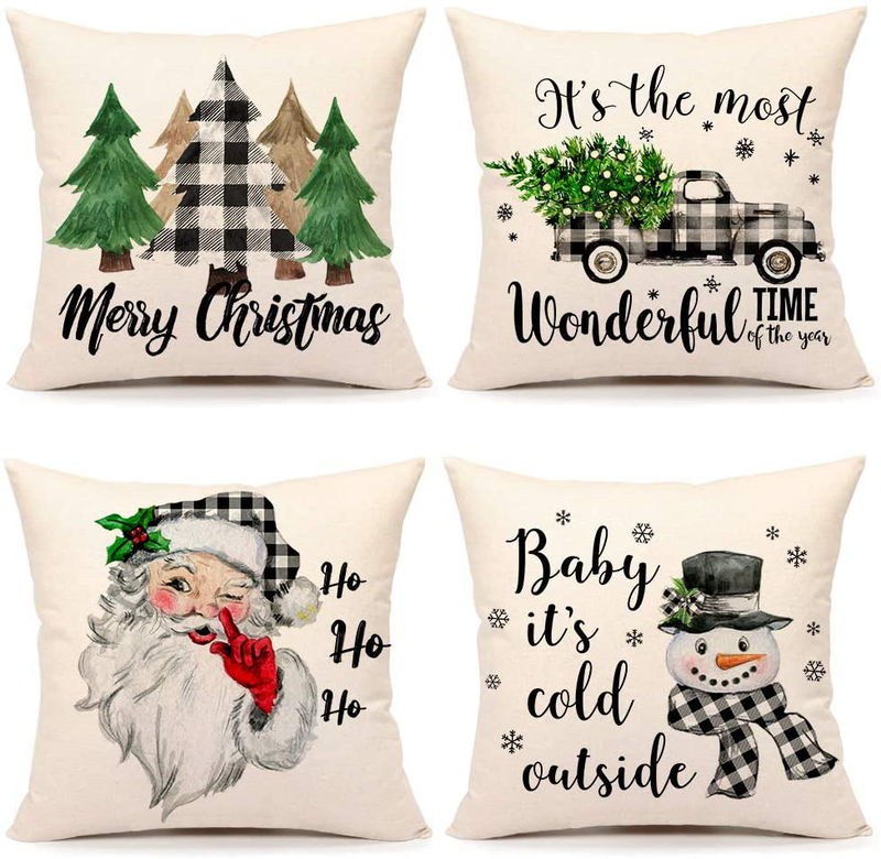 Christmas Pillow Covers 18x18 Set of 4 Farmhouse Christmas Decor Red Black Buffalo Plaids Winter Holiday Decorations Throw Cushion Case for Home Couch(Tree, Rustic Truck, Santa Claus, Snowman Quote) Home & Garden > Decor > Seasonal & Holiday Decorations& Garden > Decor > Seasonal & Holiday Decorations 4TH Emotion Black White 20 X 20 inches 