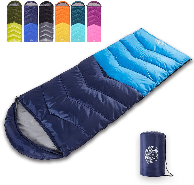 Flantree Sleeping Bag 4 Seasons Adults & Kids for Camping Hiking Trips Warm Cool Weather,Lightweight and Waterproof with Compression Bag,Indoors Outdoors Activities  Flantree Navy blue-Light blue  