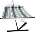 SUNLAX Hammock with Stand Included 12.5FT Portable Steel Stand and Spreader Bar, Detachable Pillow, Quilted Fabric Swing, Blue and Aqua Stripes Home & Garden > Lawn & Garden > Outdoor Living > Hammocks SUNLAX Blue Aqua Hammock with Stand 
