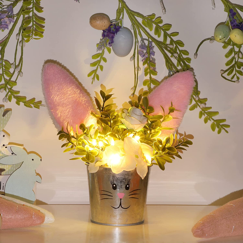 Prsildan Easter Decorations Artificial Flower with Bunny Ear, Lighted Easter Table Decor Bunny Flowers, Easter Tabletop Decorations for Home Table Mantle Office Spring Party Home & Garden > Decor > Seasonal & Holiday Decorations Prsildan   