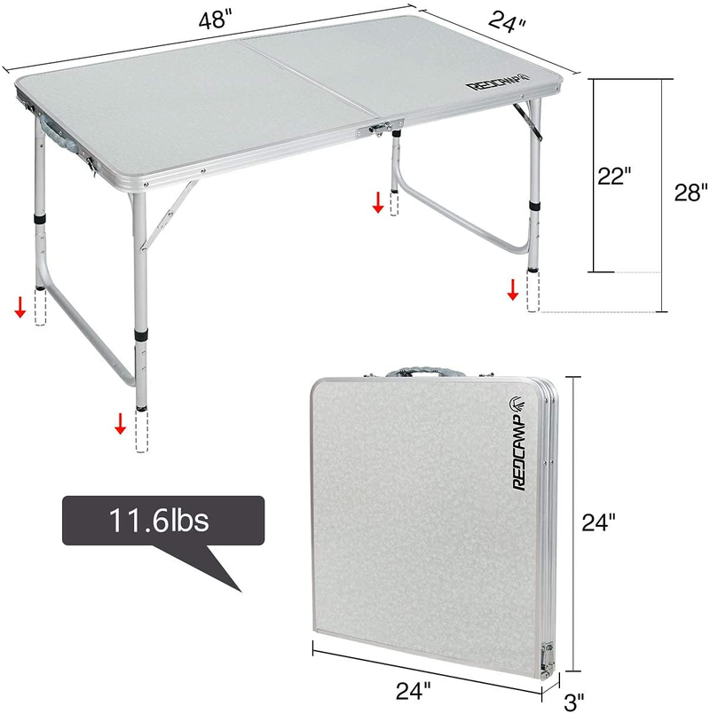 REDCAMP Aluminum Folding Table 4 Foot, Adjustable Height Lightweight Portable Camping Table for Picnic Beach Outdoor Indoor, White 48 X 24 Inches