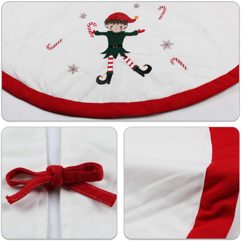 Meriwoods Christmas Tree Skirt 48 Inch, Large Embroidered Elf Padding Tree Collar, Country Rustic Indoor Xmas Decorations, Red & White