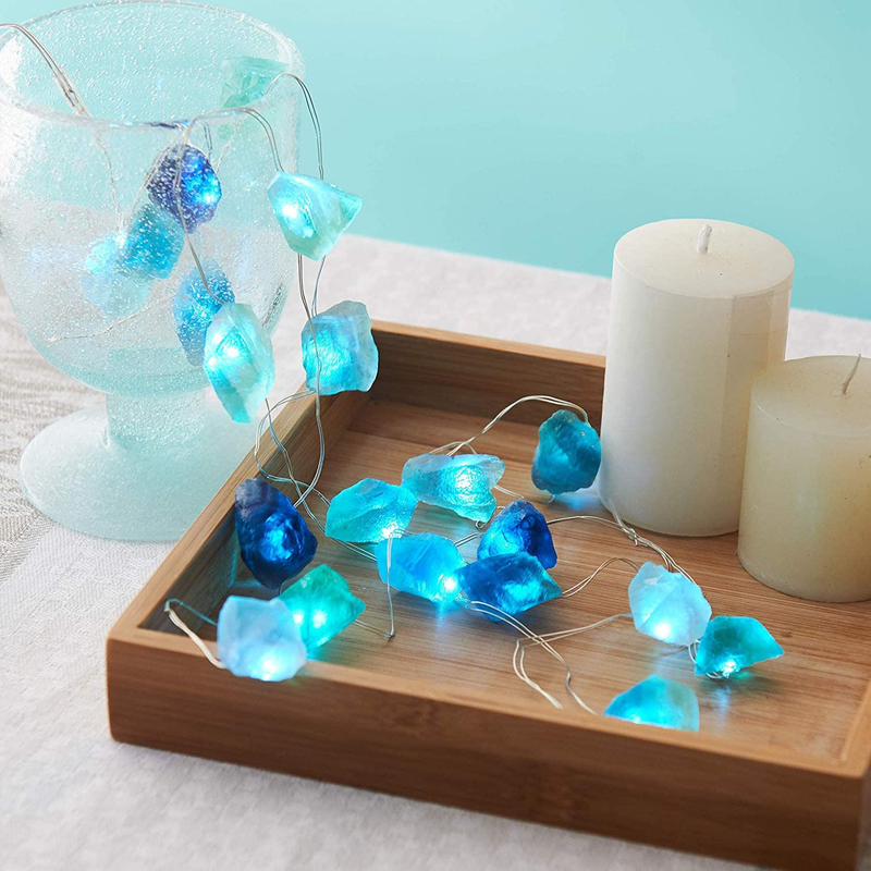 MENGNAN Sea Glass Raw Stones Decorative Lights 6.5Ft 20Leds String Lights Natural Fluorite String Lights Battery Operated with Remote Control for Valentine'S Day Wedding Bedroom Party Indoor Decor