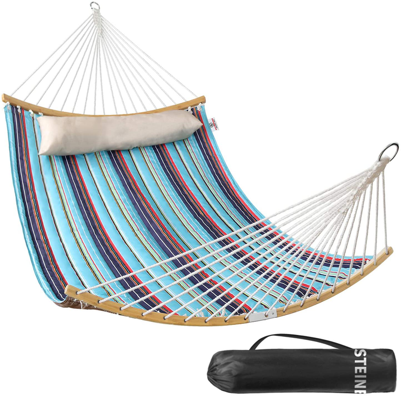 Large 2 Person 11FT Double Hammock Quilted Fabric Swing with Foldable Curved Bamboo Bar & Detachable Pillow & Carrying Bag - 75" x 55" Heavy Duty 450lbs Capacity for Indoor and Outdoor - Havana Brown Home & Garden > Lawn & Garden > Outdoor Living > Hammocks Bathonly Cb-royal Blue  