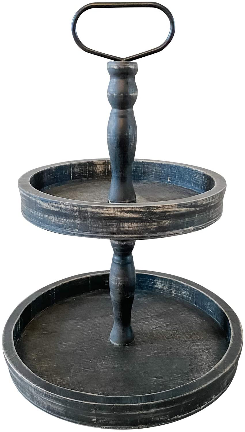 Paper and Pallet Wood Tiered Serving Stand, Two Tiered Tray, Rustic Farmhouse Kitchen Decor with Metal Handle and Distressed Finish for Coffee Bar Decor, or Cupcake Stand (Black) Home & Garden > Decor > Decorative Trays Olivia & Jane Default Title  