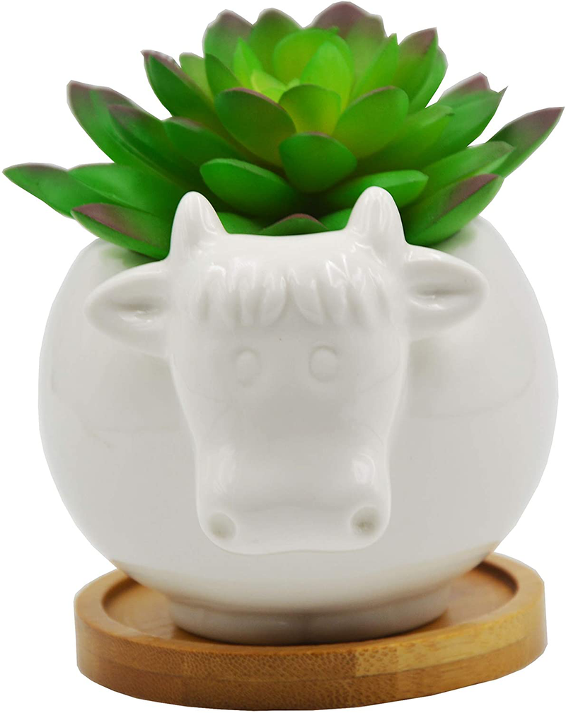 Cute Animal Cow Shaped Cartoon Ceramic Succulent Cactus Flower Pot with Bamboo Tray (Plant Not Included) Home & Garden > Decor > Vases Cuteforyou Default Title  
