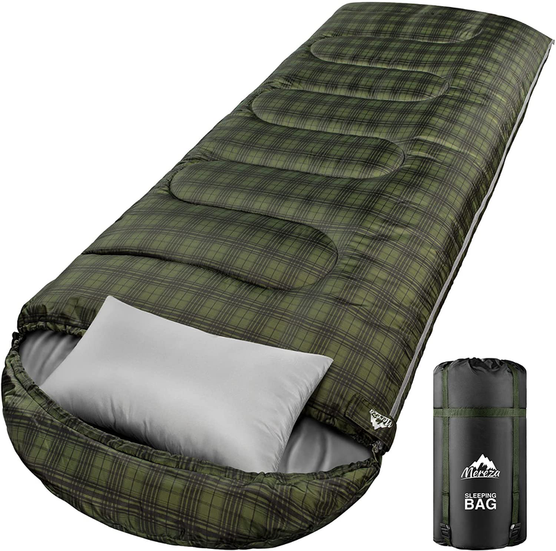 MEREZA Sleeping Bag for Adults Mens Kids with Pillow, Cold Weather XL Sleeping Bag with Compression Sack for All Season Camping Hiking Backpacking