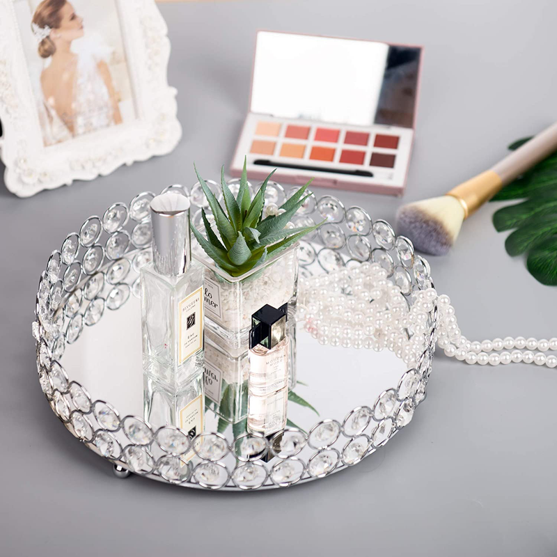 Feyarl Mirrored Crystal Vanity Makeup Round Tray Ornate Jewelry Trinket Tray Organizer Cosmetic Perfume Bottle Tray Decorative Tray Home Deco Dresser Skin Care Tray Strage (Round 10" inch) (Silver) Home & Garden > Decor > Decorative Trays Feyarl   