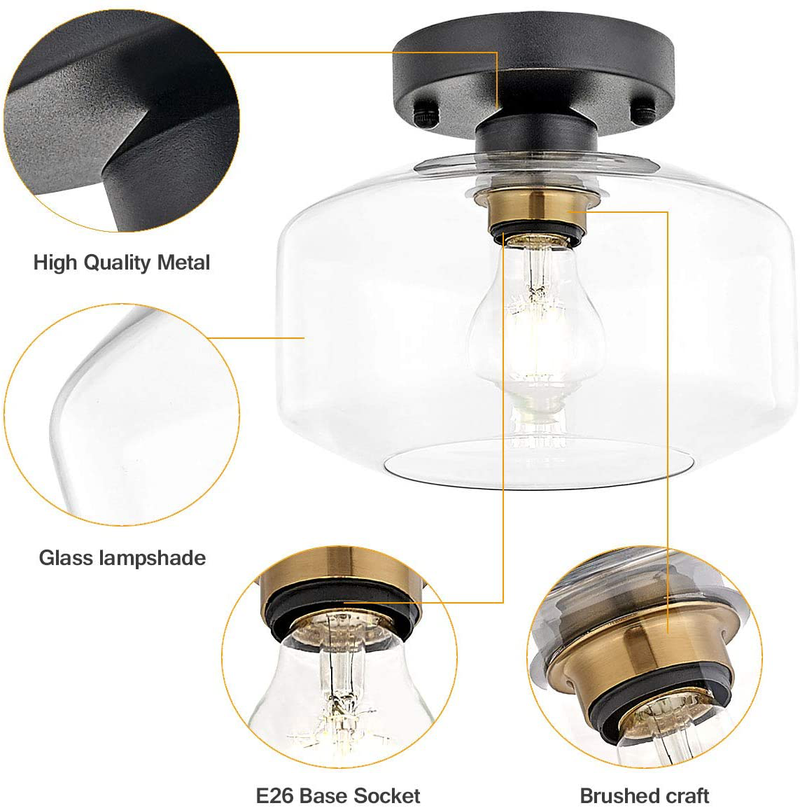 Semi Flush Mount Ceiling Light,Clear Glass Shade,Brass Accent Socket,Modern Ceiling Light Fixture with Black Finish for Kitchen,Hallway,Entryway,Dining Room,Bedroom,Cafe, Bar,Living Room Home & Garden > Lighting > Lighting Fixtures > Ceiling Light Fixtures KOL DEALS   
