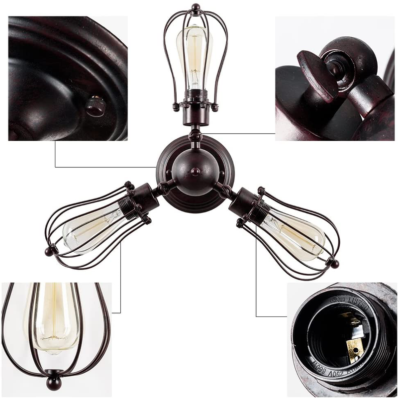 Luling Vintage Ceiling Light Industrial, Chandeliers Adjustable Socket Metal Wire Cage Lamp Semi-Flush Mount Rustic Ceiling Light Metal Lamp Fixtures (No Bulb) (With 3 Light) (Rust Color) (Rust) Home & Garden > Lighting > Lighting Fixtures > Ceiling Light Fixtures KOL DEALS   