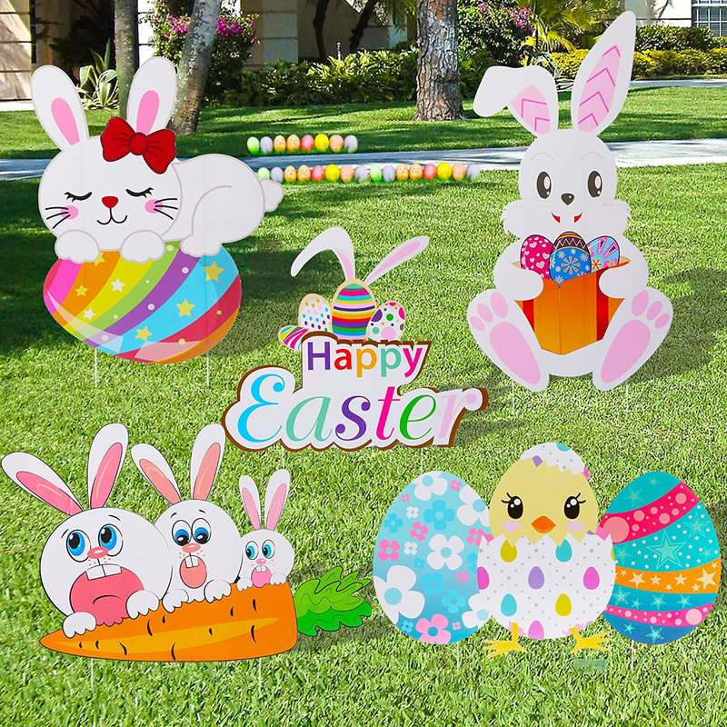 HOOJO Easter Decorations Outdoor Extra Large Easter Yard Signs 5 PCS, Waterproof Bunnies, Chick and Eggs Yard Stakes, Easter Lawn Decorations for Hunt Game, Party Supplies Decor, Easter Props Home & Garden > Decor > Seasonal & Holiday Decorations HOOJO Large Bunnies Chick Eggs  