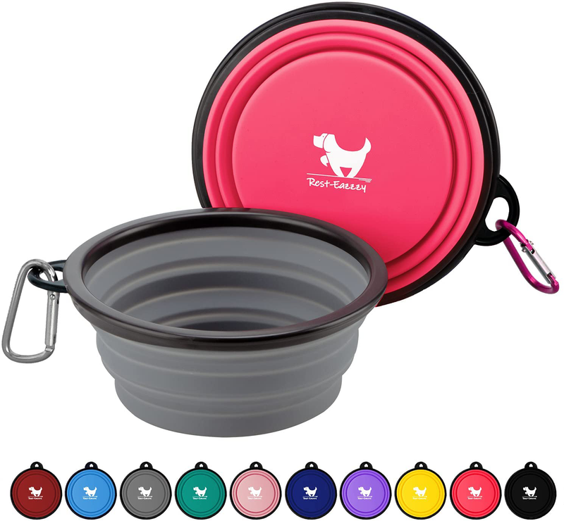 Rest-Eazzzy Expandable Dog Bowls for Travel, 2-Pack Dog Portable Water Bowl for Dogs Cats Pet Foldable Feeding Watering Dish for Traveling Camping Walking with 2 Carabiners, BPA Free  Rest-Eazzzy Peach Pink&Grey Medium 