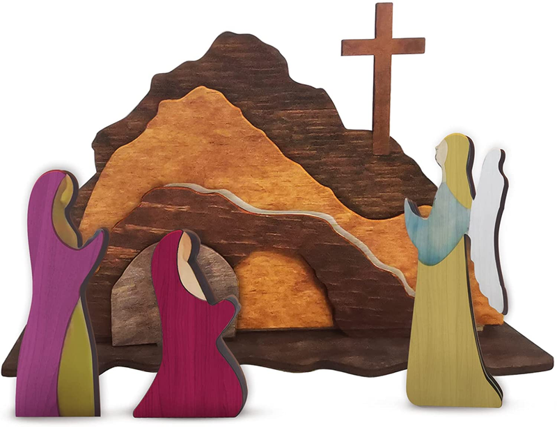 Easter Resurrection Scene Set, Easter Wooden Decorations Religious for the Home Table, Spring Christian Home Figurine Ornament Cross Risen Christ Figurine Decor Easter Crafts