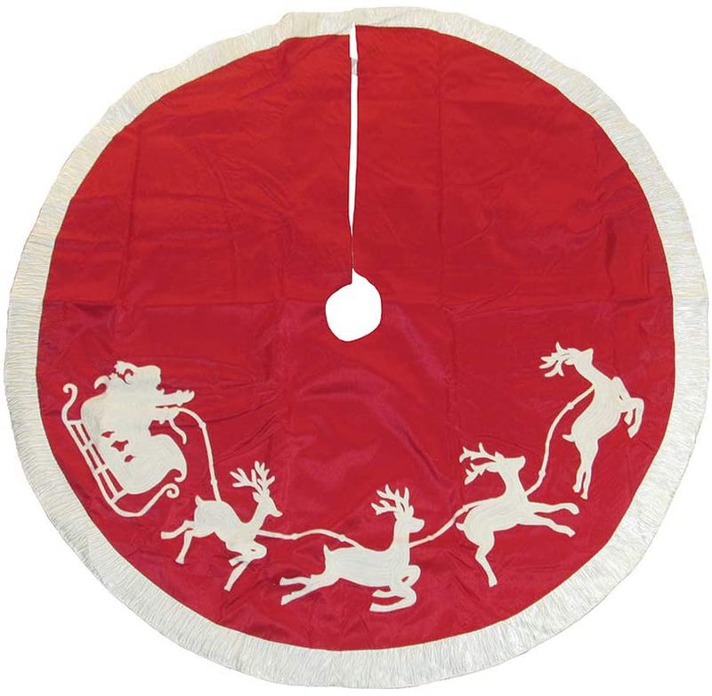 Kurt Adler - 50" Red and White Embroidered Santa and Reindeer Tree Skirt