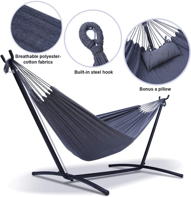 Hammock with Stand, Ohuhu Double Hammocks with Space Saving Steel Stand & Pillow, 2-Person Hammock with Portable Carrying Bag for Indoor Outdoor Garden Yard Porch Patio, 450 lb Capacity Home & Garden > Lawn & Garden > Outdoor Living > Hammocks Ohuhu   