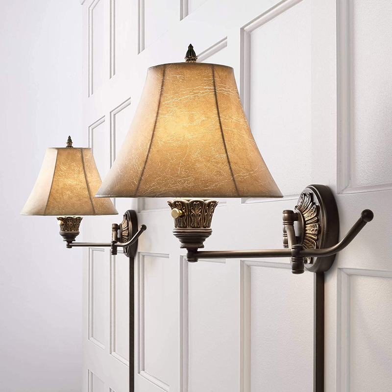 Rosslyn Rustic French Country Swing Arm Wall Lamps Set of 2 Bronze Plug-In Light Fixture Faux Leather Bell Shade for Bedroom Bedside House Reading Living Room Home Dining - Barnes and Ivy