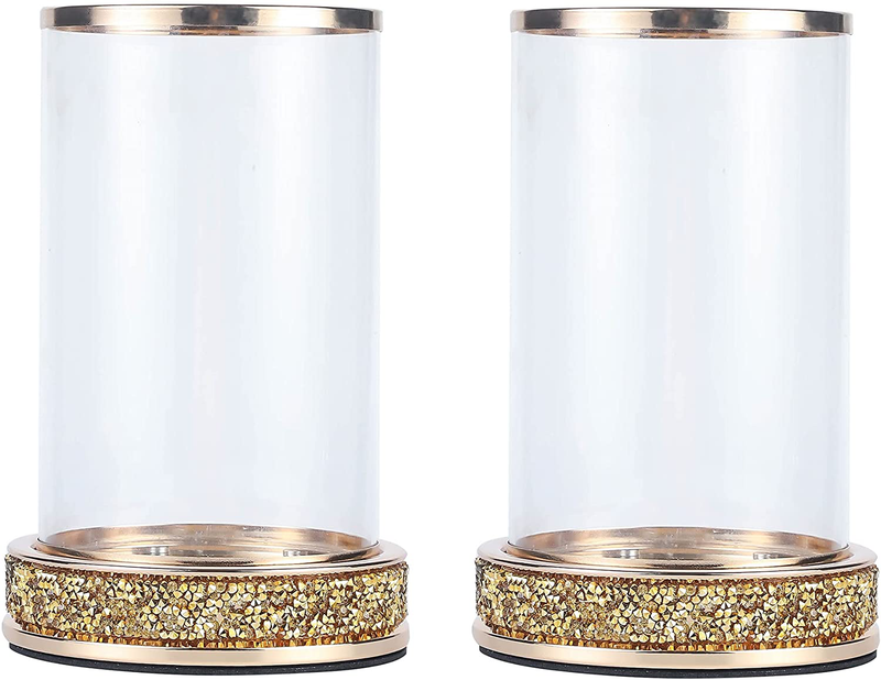 Pillar Candle Holders,Candlesticks Holder with Glass Hurricane Lid,Metal Candle Holder for Coffee Dining Table, Wedding, Christmas, Halloween, Home Decoration 2 Pieces a Set Gold YL001G Home & Garden > Decor > Home Fragrance Accessories > Candle Holders Hanjue Gold Rhinestone  