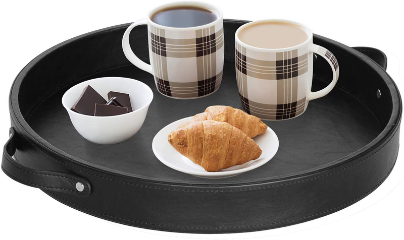 HofferRuffer Top Nocth PU Leather Round Serving Tray, Decorative Serving Tray with Handles, Coffee Tray, Ottoman Tray for Home Or Office, Diameter 14.6-inch (Dark Grey)